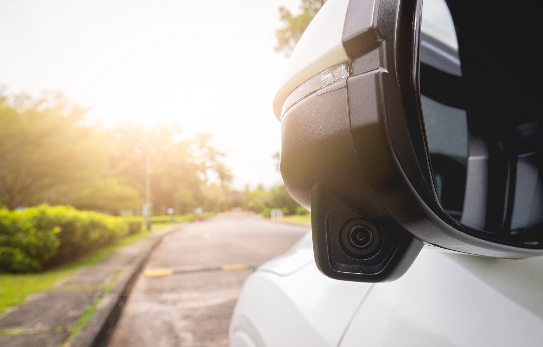 Side Mirror On Car With Side Camera To See The Car Overtaking In An Invisible Angle Helps Reduce Vacuum Accident Transportation And Safety Concept.